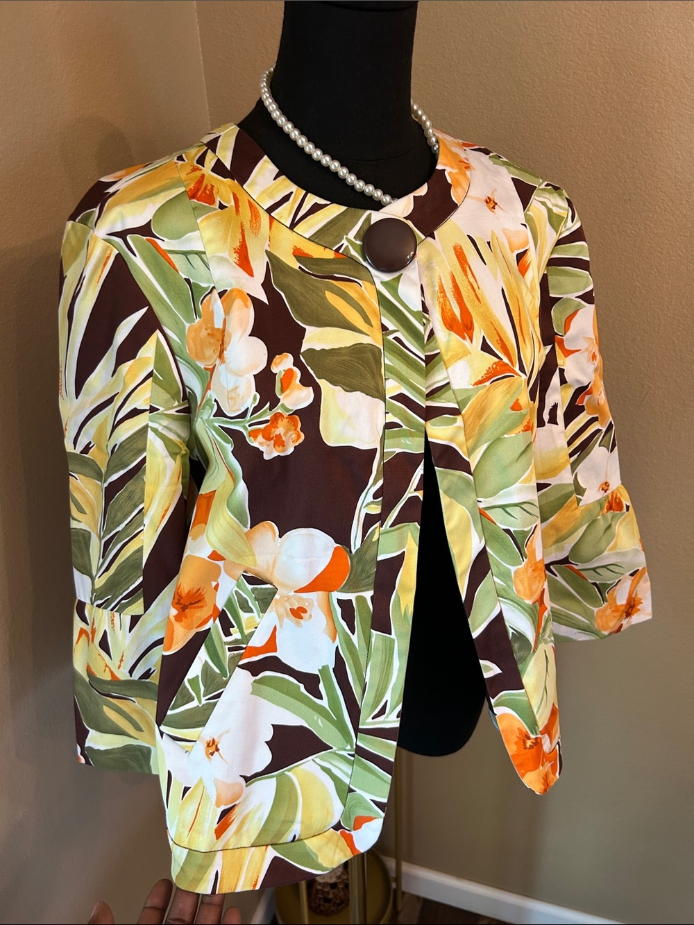 Floral Print Open Front Blazer Jacket - Yellow Green Brown - Picture 10 of 13